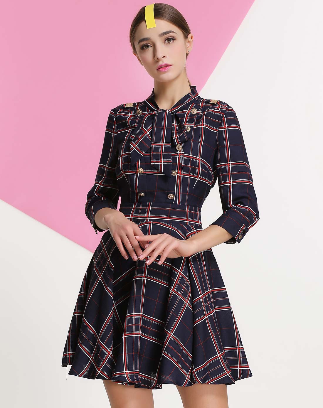 百奢bessie韩范文艺格子连衣裙bs16sd012119_唯品会