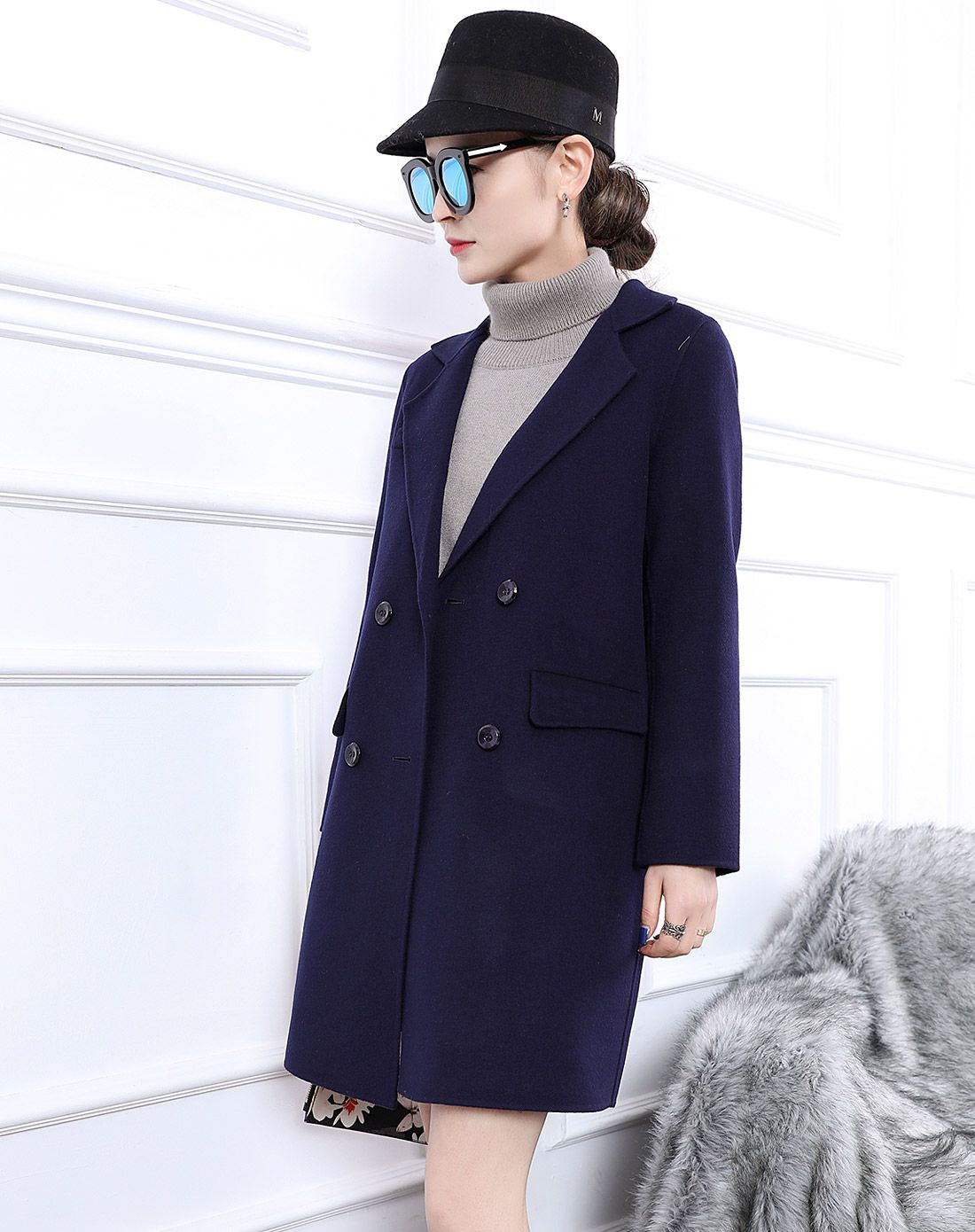 香港鳄鱼恤羊绒女宝蓝100%羊毛双面呢大衣外套cwf54121613_唯品会