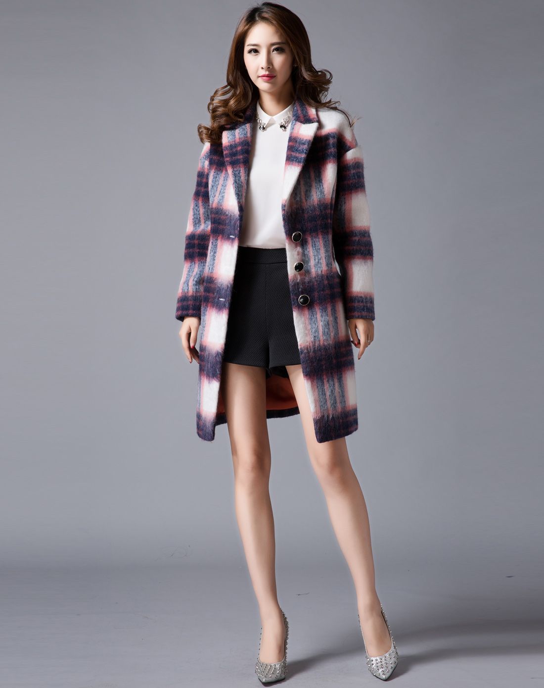 白多色复古英伦时尚潮格子纹毛呢大衣