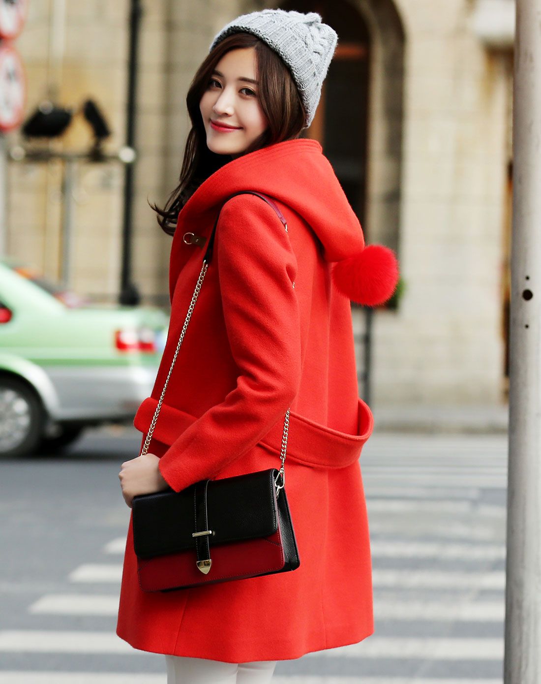 桔红色 韩版中长款连帽呢大衣