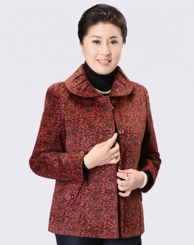 红色贵族风情褶皱领亚克力装饰口袋毛呢