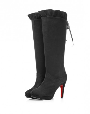 田莘honeygirl黑色-荷花边阔腿圆头细跟温暖女长靴hg1