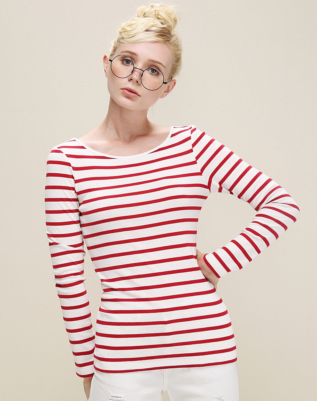 红白条圆领条纹长袖t恤