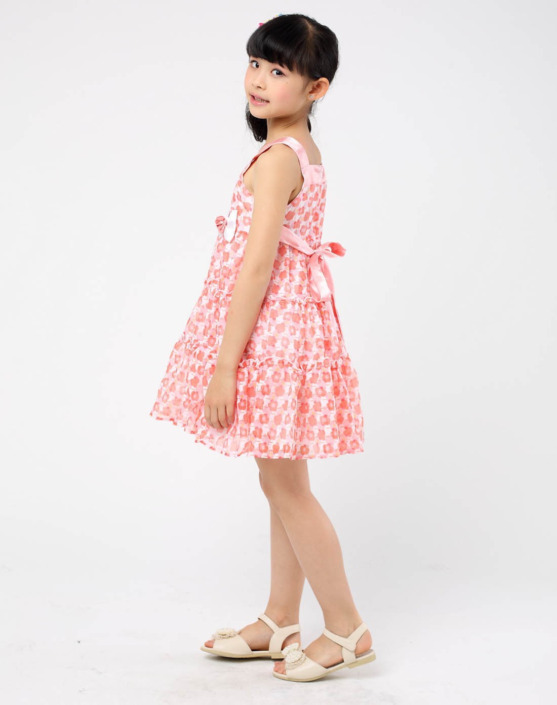 女童甜粉橙小花吊带裙