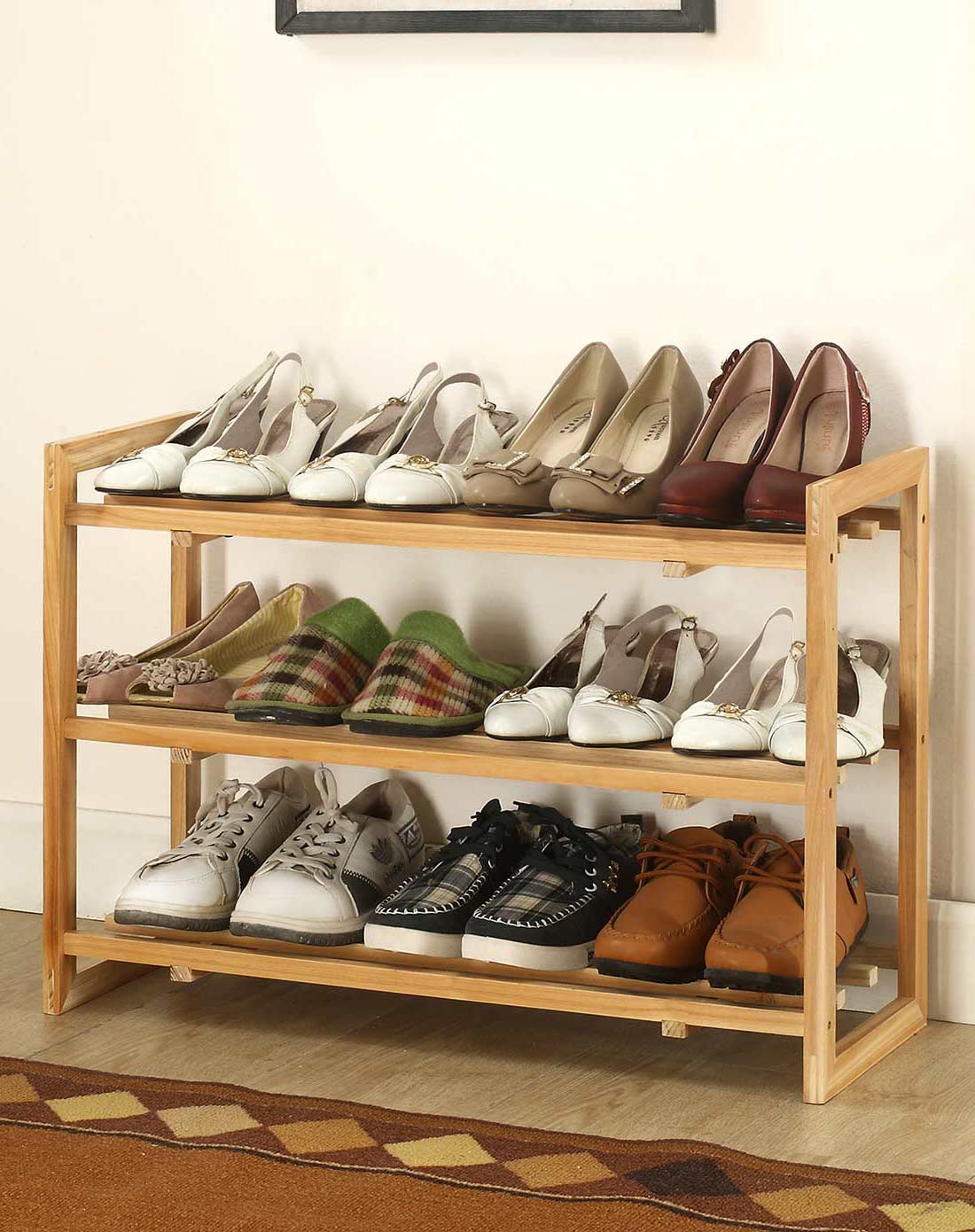 多彩时尚三层鞋架 收纳架 原木色