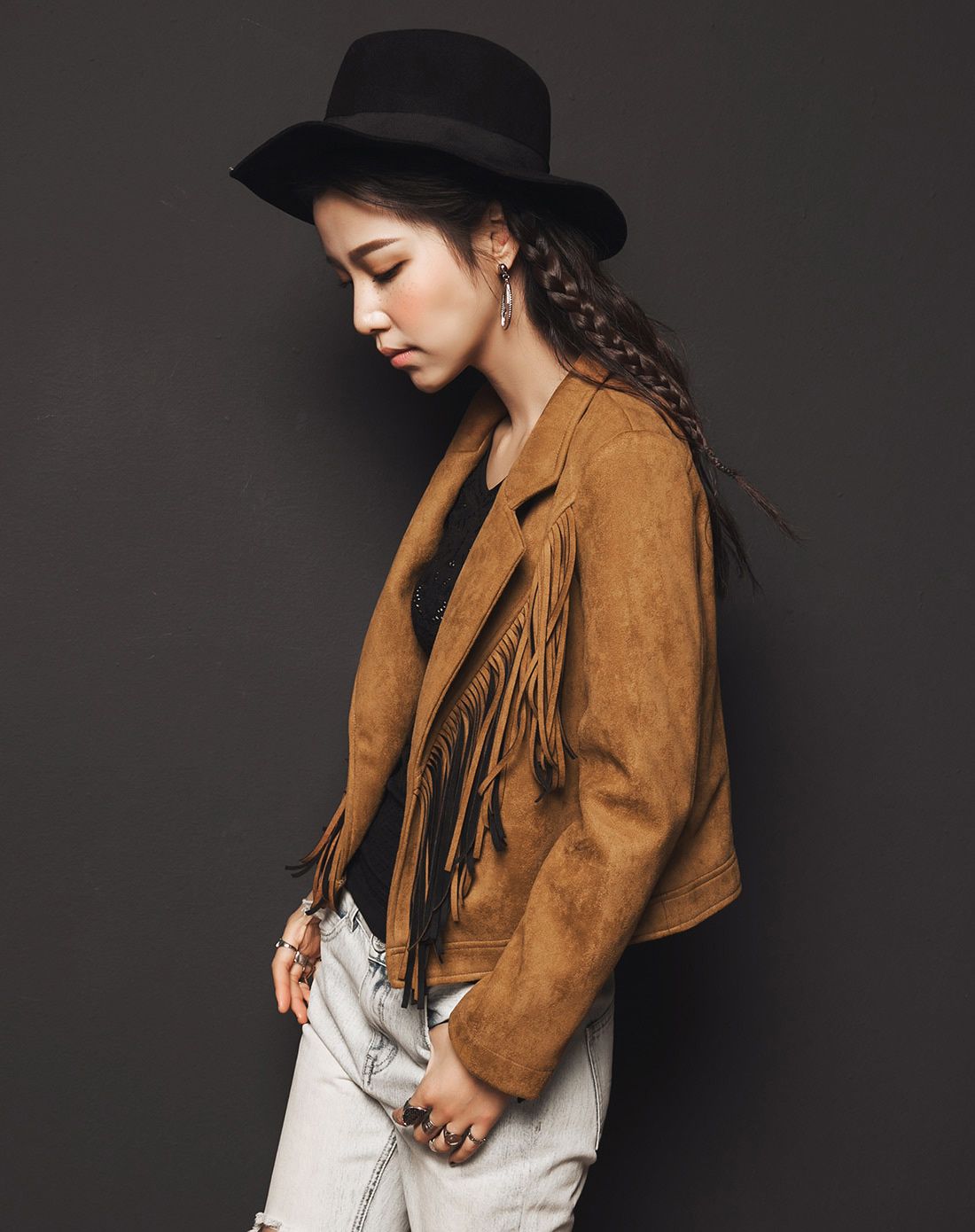 othercrazy深棕色 流苏拼接翻领短外套