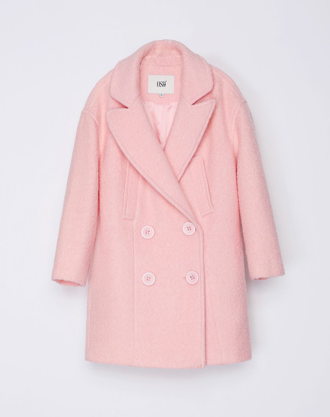 水粉色双排扣长袖毛呢外套