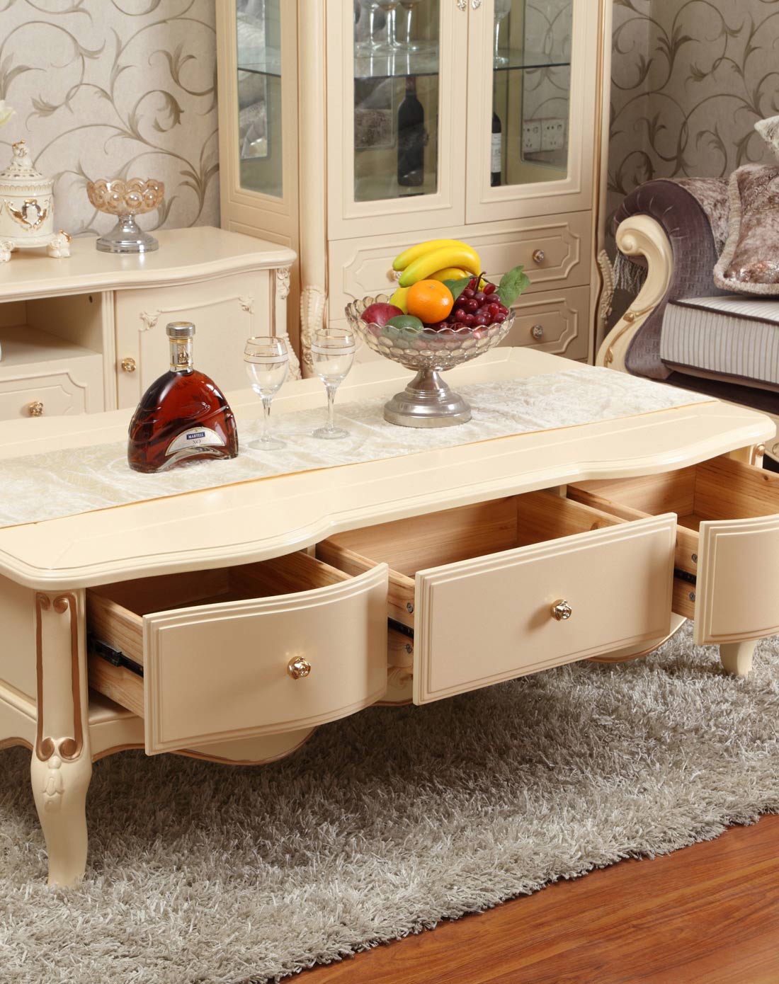 > 欧式雕花长茶几 米黄描金