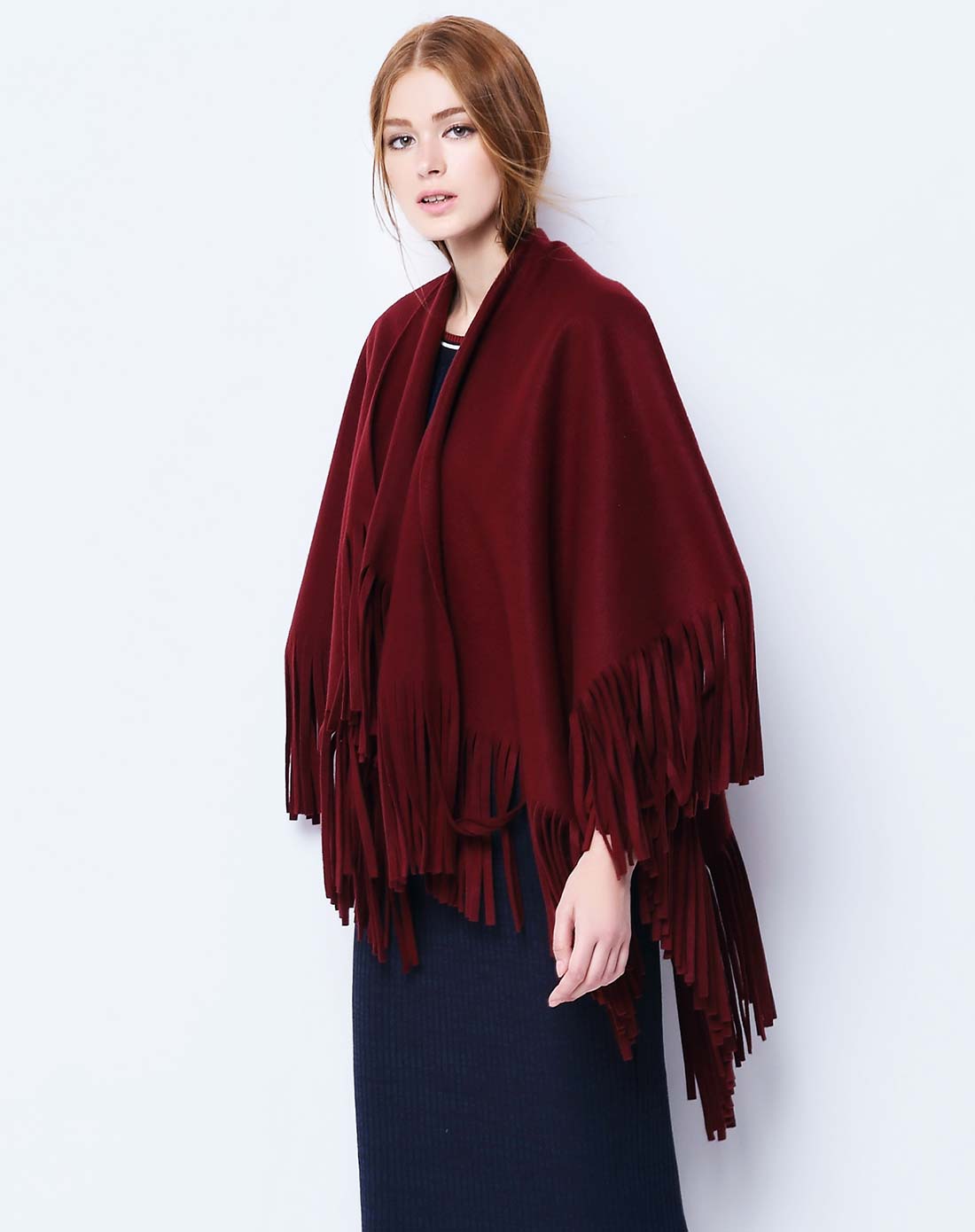 酒红色欧美时尚加厚保暖流苏大披肩外套