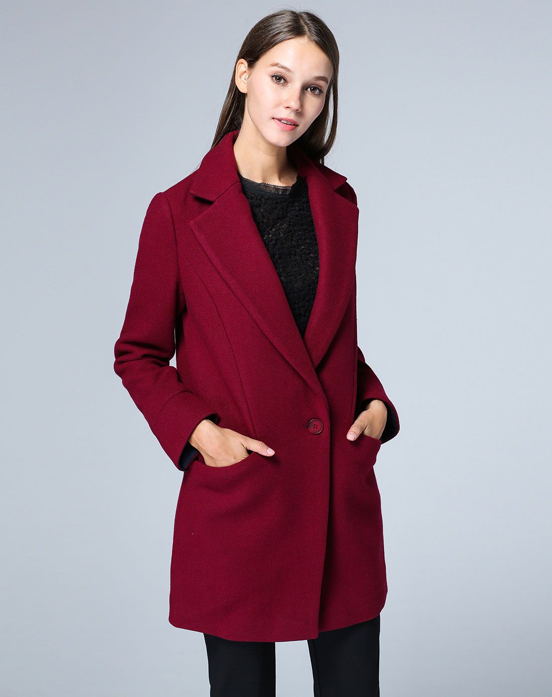 石榴红中长款西装毛呢大衣