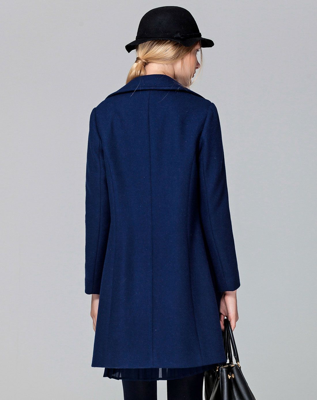 墨蓝西装款双排扣毛呢大衣