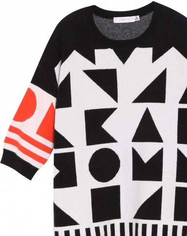 三福时尚男女装混合专场 女款黑配橙红几何图h型连衣裙