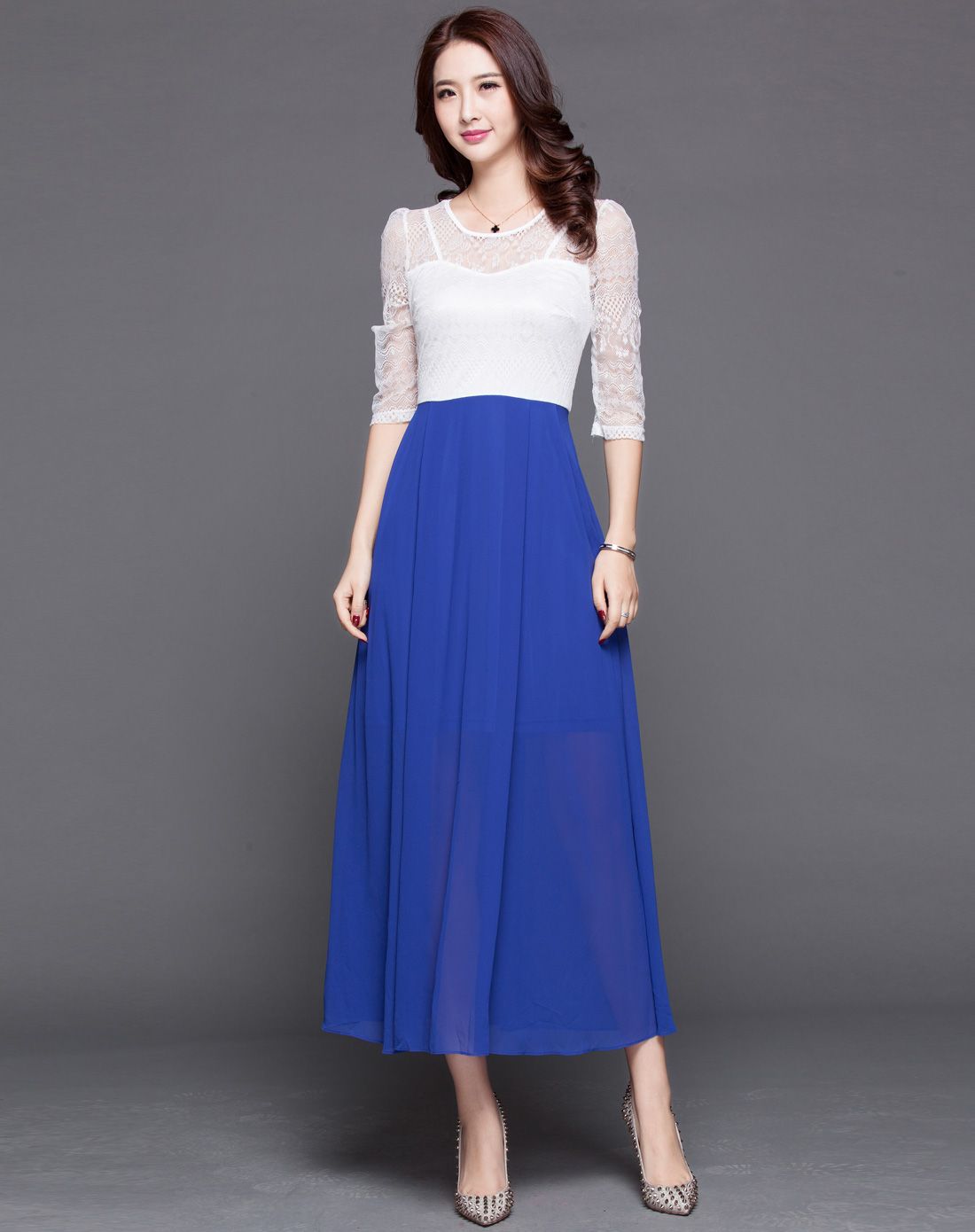 宝蓝色青春靓丽时尚蕾丝拼接高腰长款连衣裙