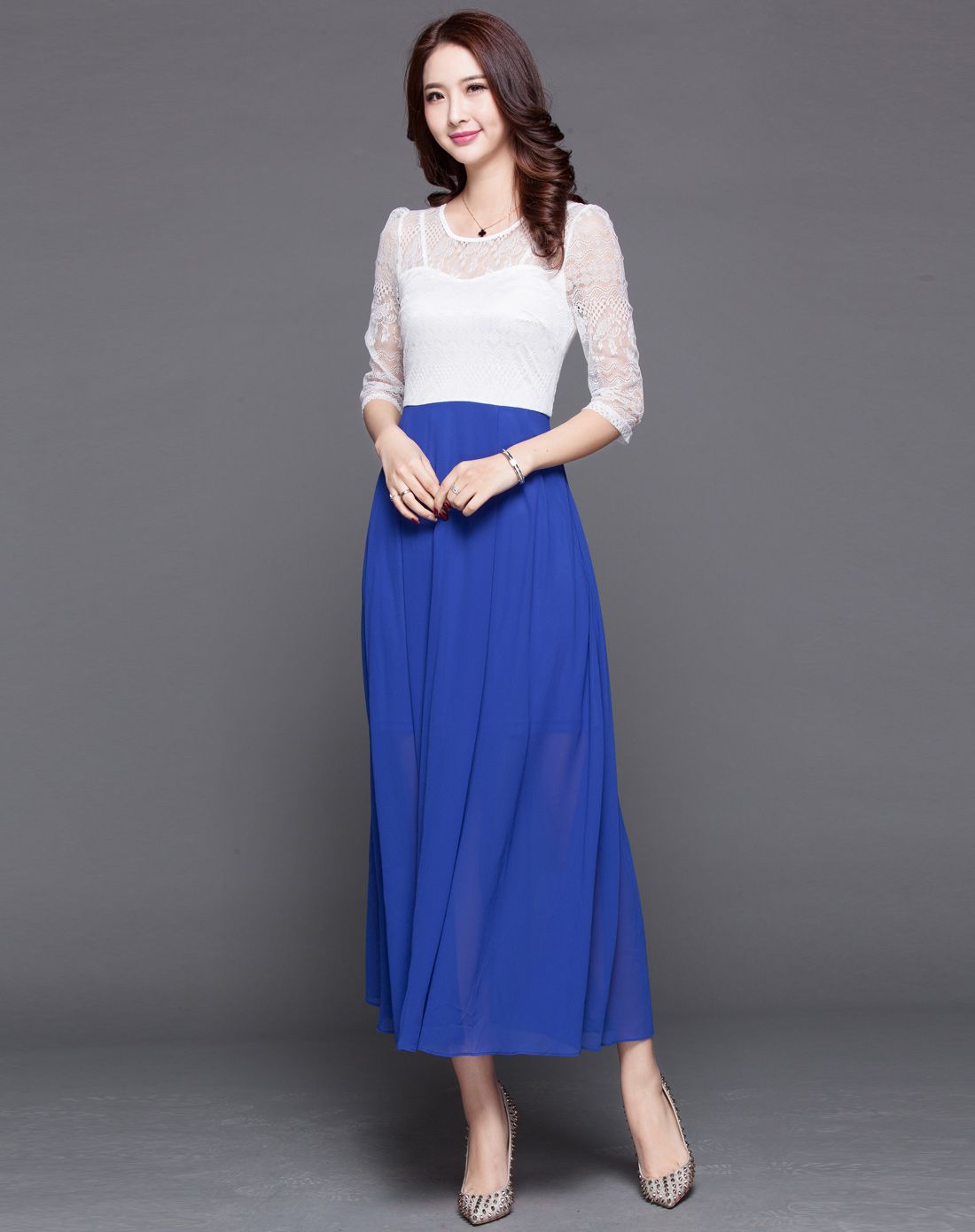 宝蓝色青春靓丽时尚蕾丝拼接高腰长款连衣裙