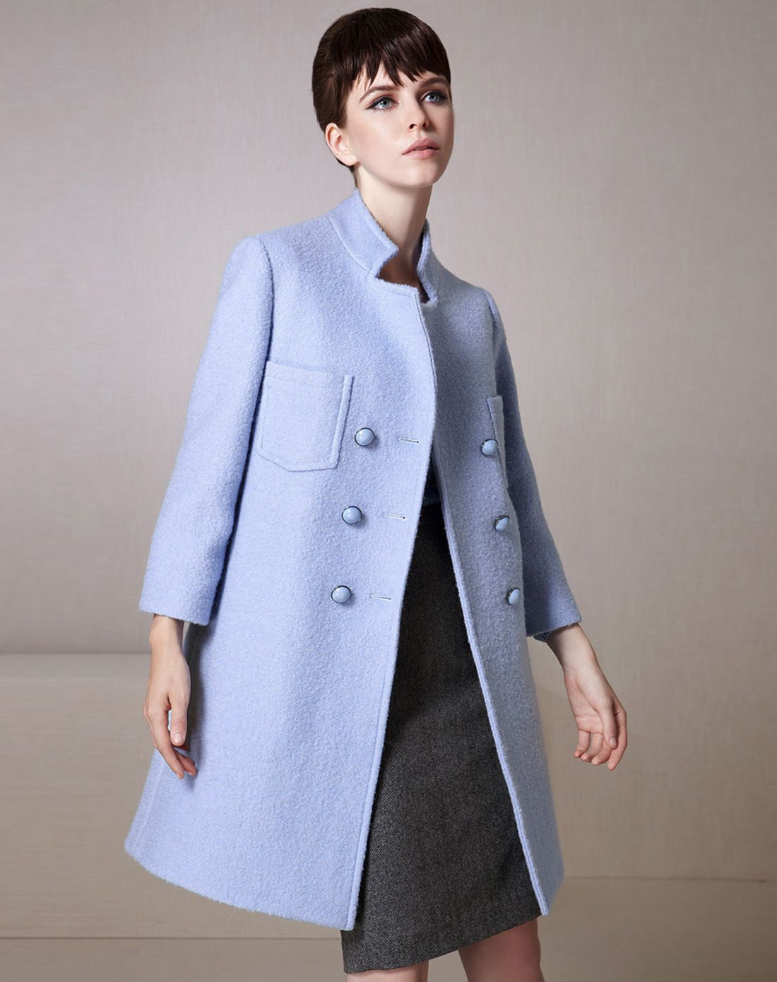 粉蓝色羊毛立领双排扣直筒外套大衣