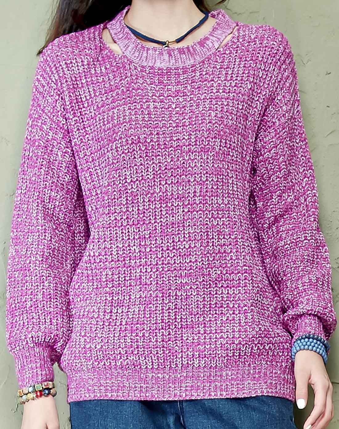 言状 复古镂空双色纱线麻花编织毛衣