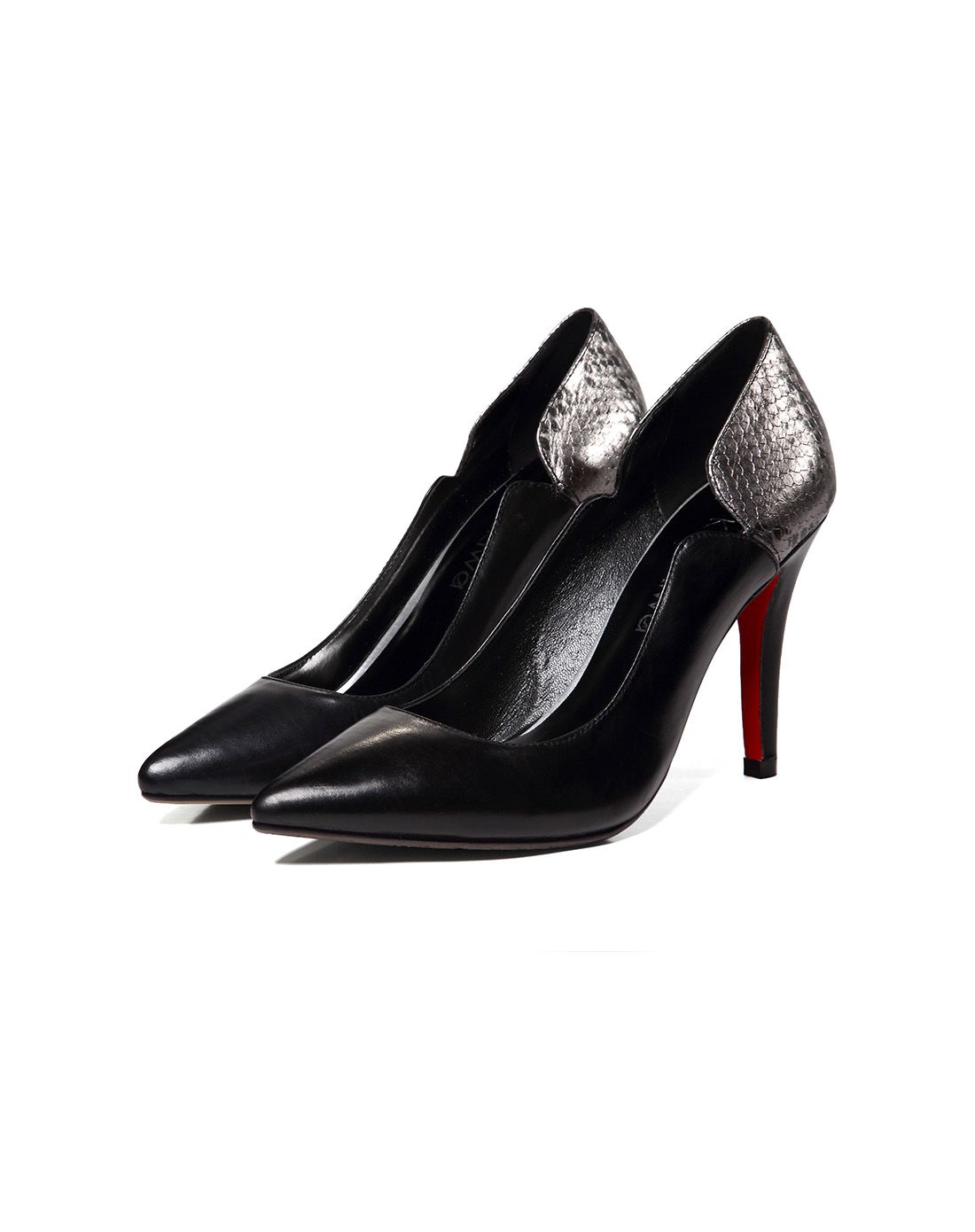 16年新品黑银色细跟高跟拼色单鞋