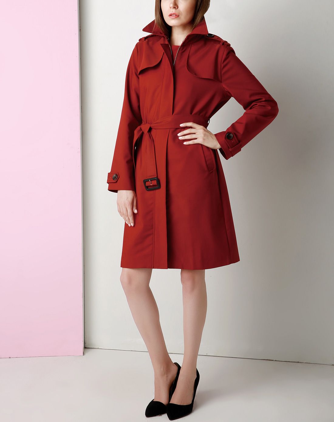 轻奢砖红色拉链翻领修身中长款风衣