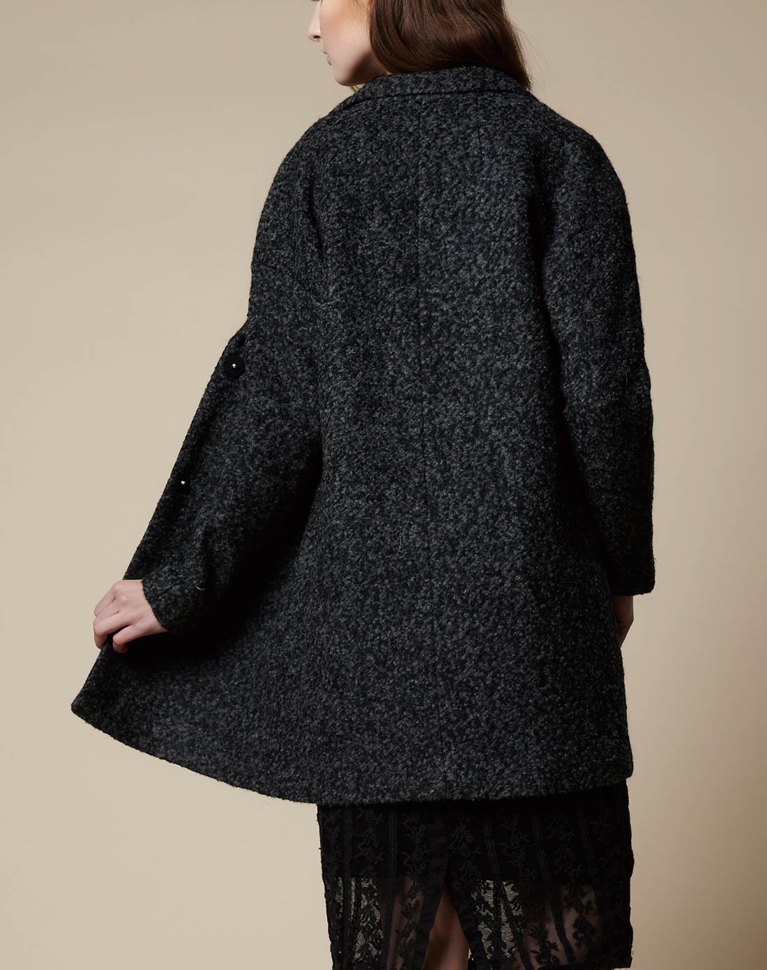 轻奢炭黑色西装领中长款圈呢毛呢外套