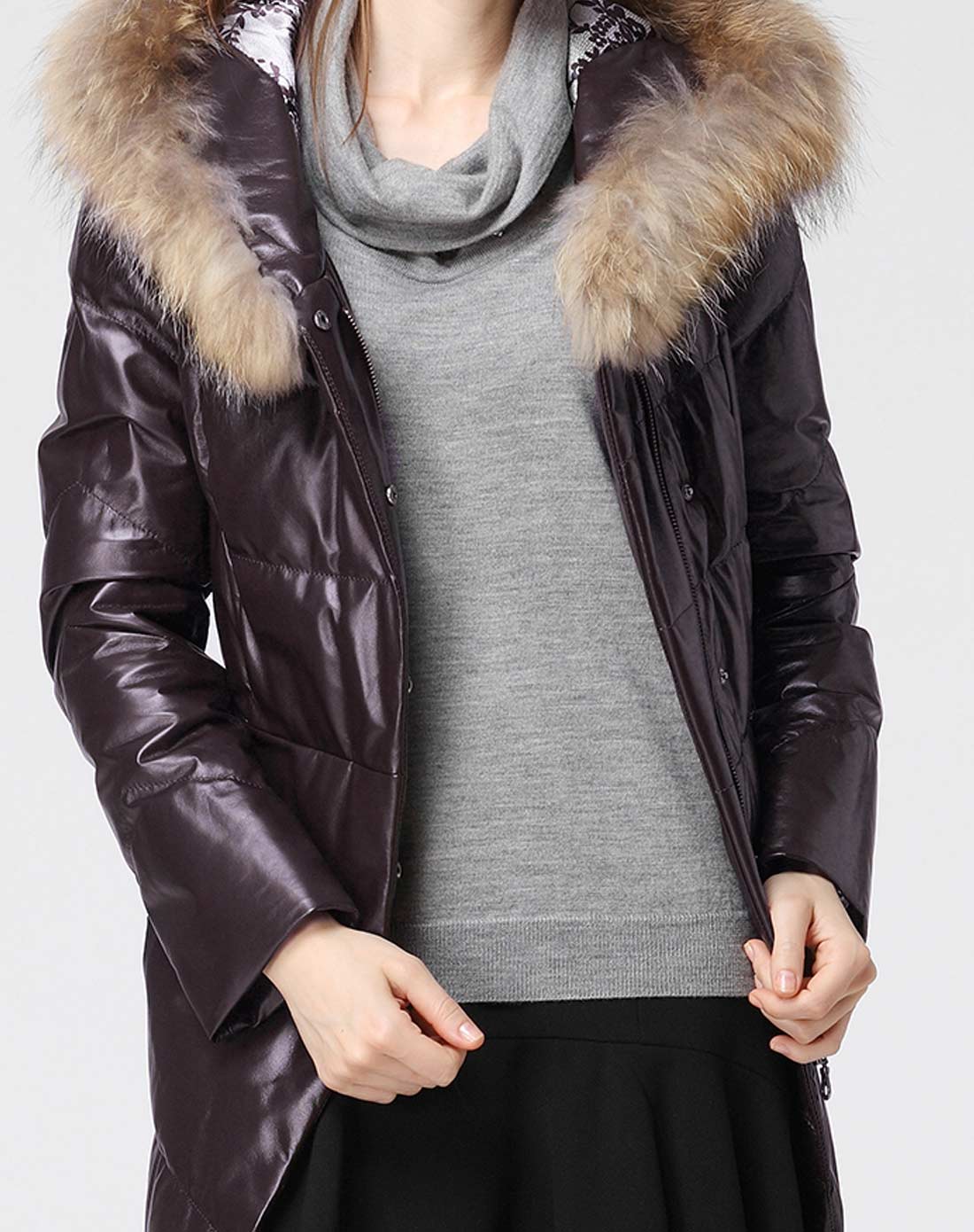 卡雷尔cerel vogue皮衣专场绛紫时尚气质连帽真皮长羽绒服2c