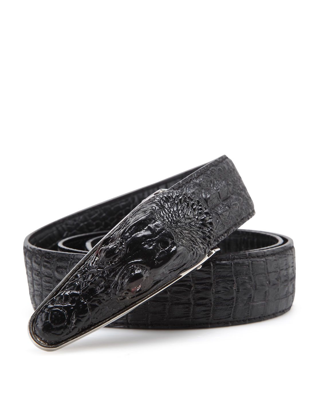 男士黑色头层牛皮鳄鱼头板扣时尚皮带