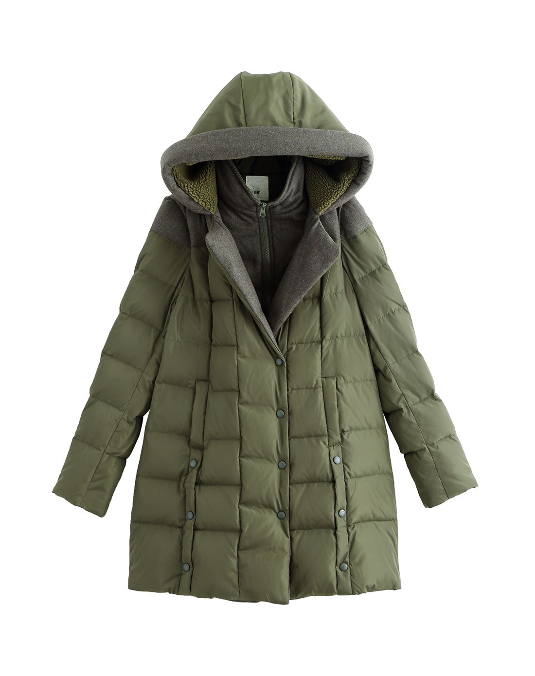 军绿假两件中长款羽绒服