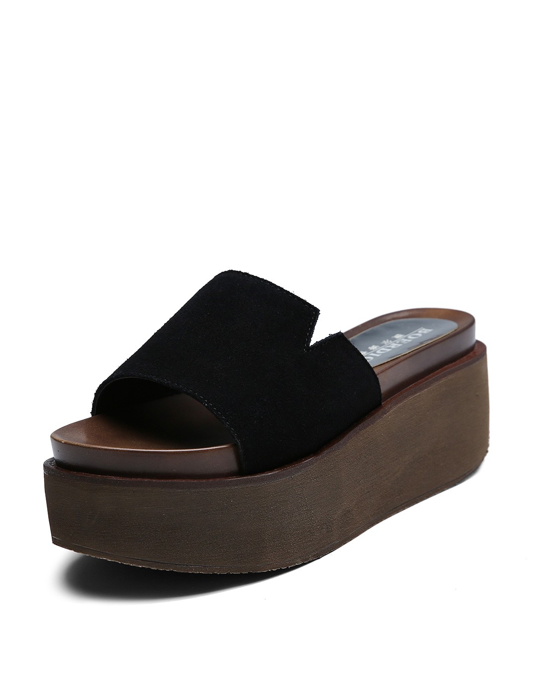 女款黑色牛二层皮厚底拖鞋