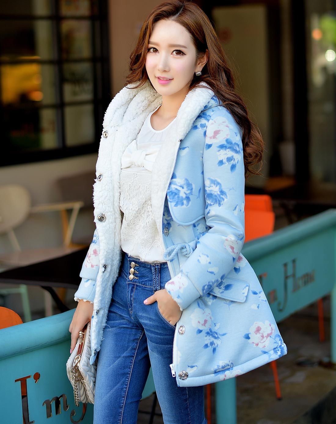 粉红大布娃娃dabuwawa浅蓝色印花连帽收腰休闲时尚棉服d15dpd009130