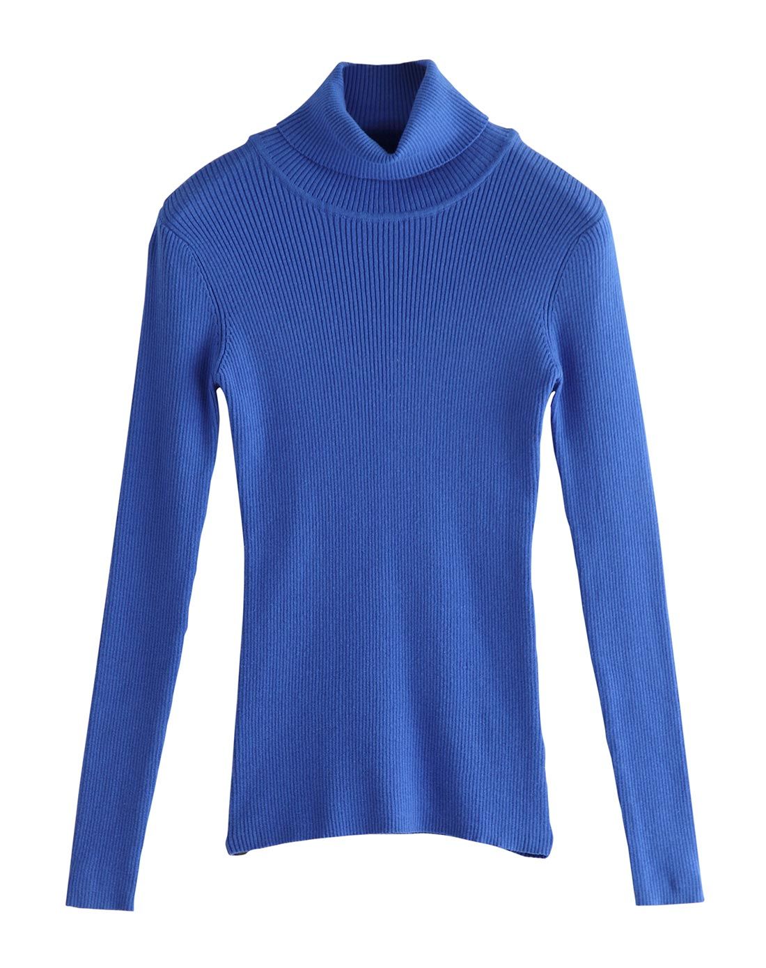 海蓝色修身高领套头毛衣