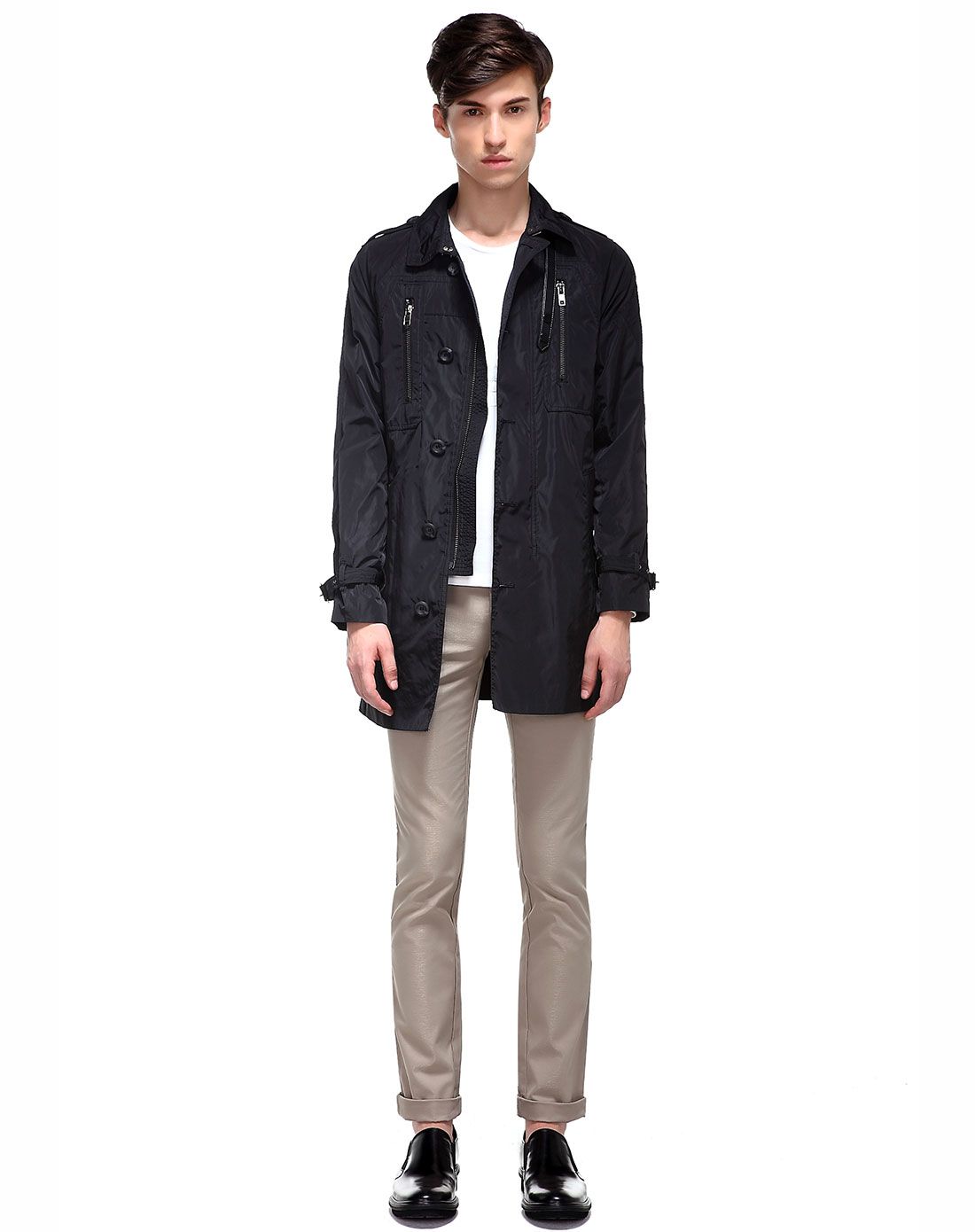 汉崇himuomo男装移动端专场黑色拉链时尚百搭长款风衣86362a-301169b