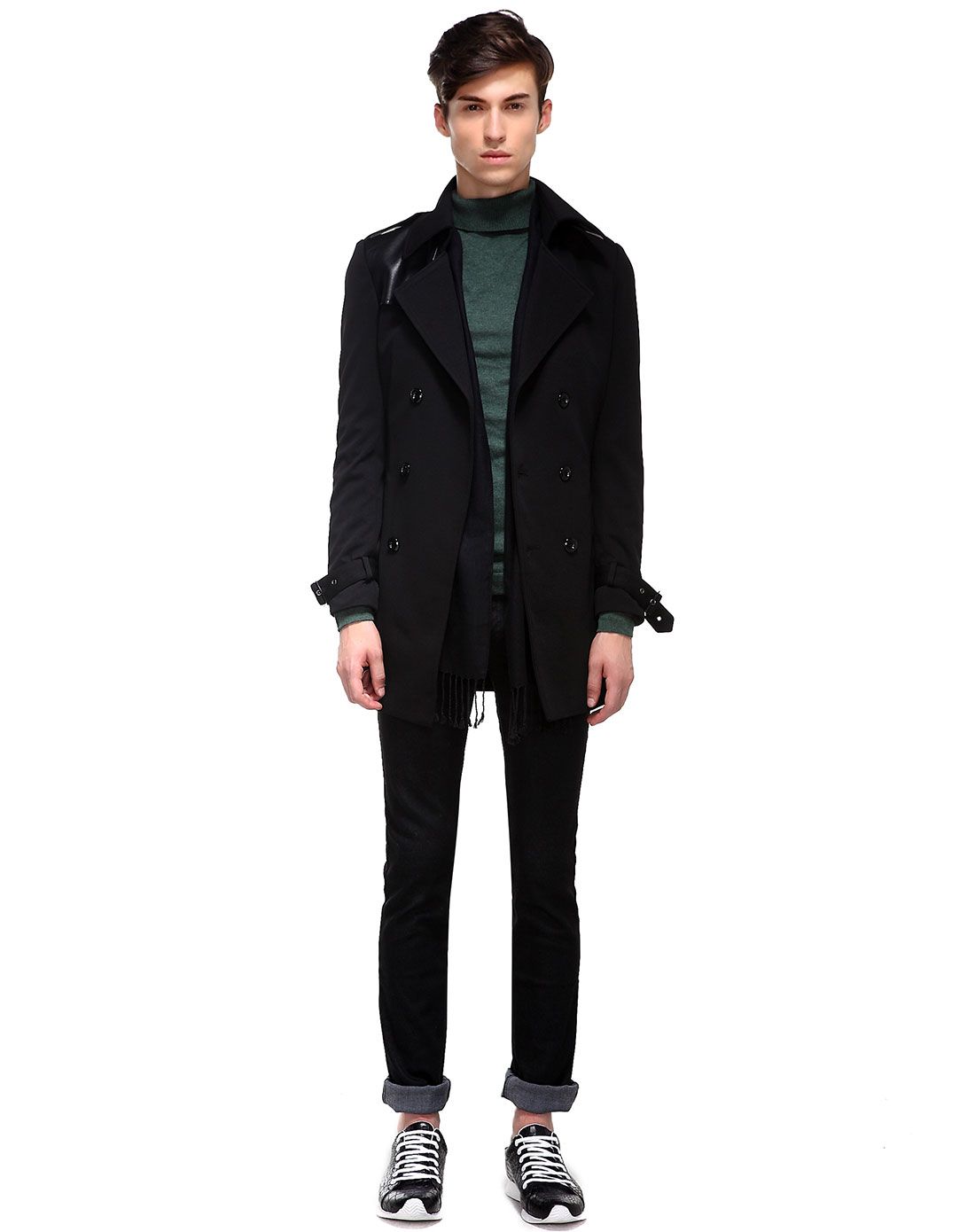 汉崇himuomo男装移动端专场黑色双排扣中长款男士风衣863vip-301207b