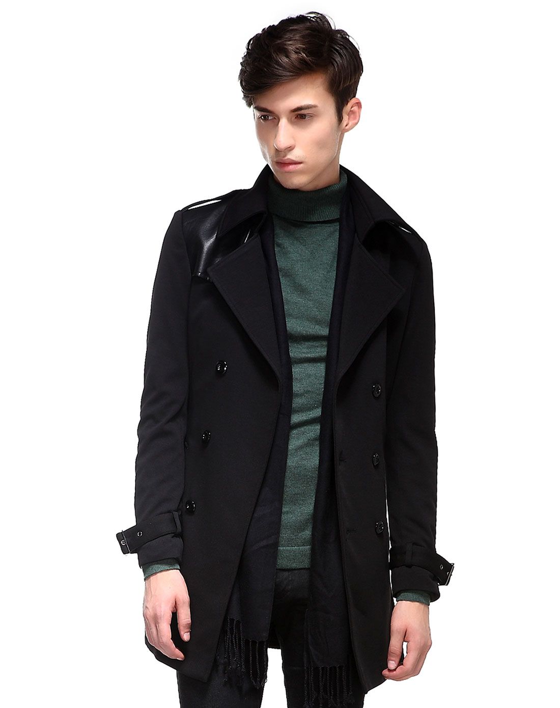 汉崇himuomo男装移动端专场黑色双排扣中长款男士风衣863vip-301207b