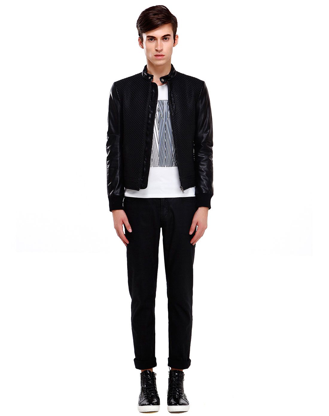 汉崇himuomo男装移动端专场黑色格纹型男潮流机车夹克86363b-200208b