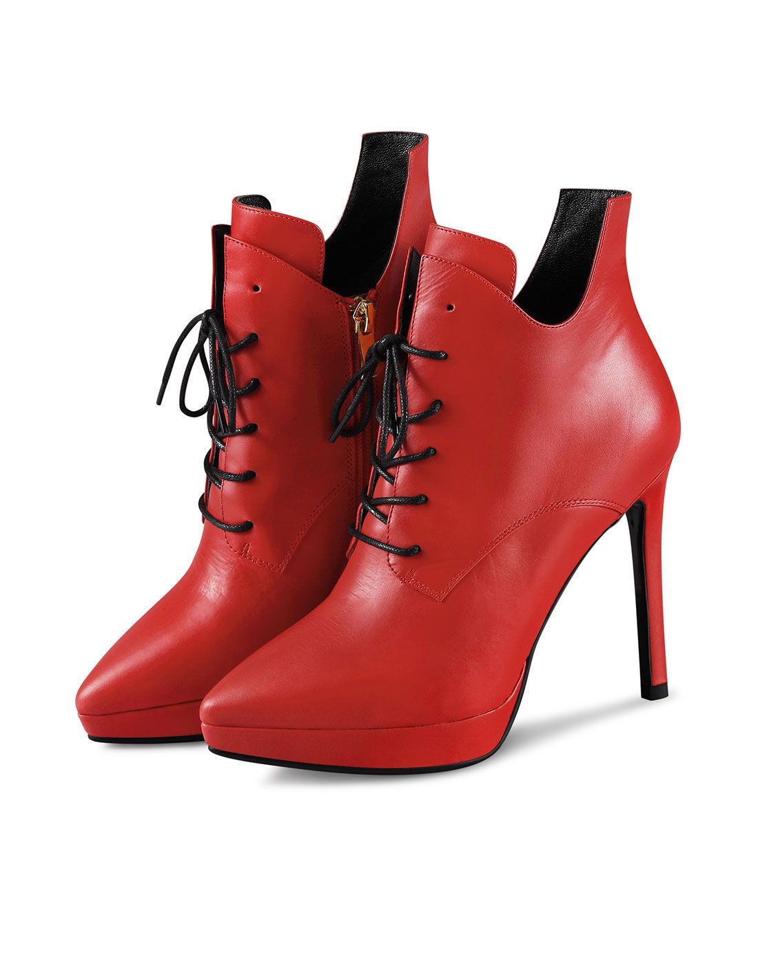 2015冬季 红色胎牛皮时尚系带细高跟尖头短靴