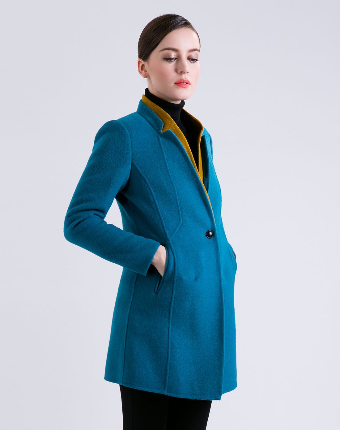 索菲丝尔sofsil大衣专场女款孔雀蓝/姜黄时尚双层领修身双面呢大衣de