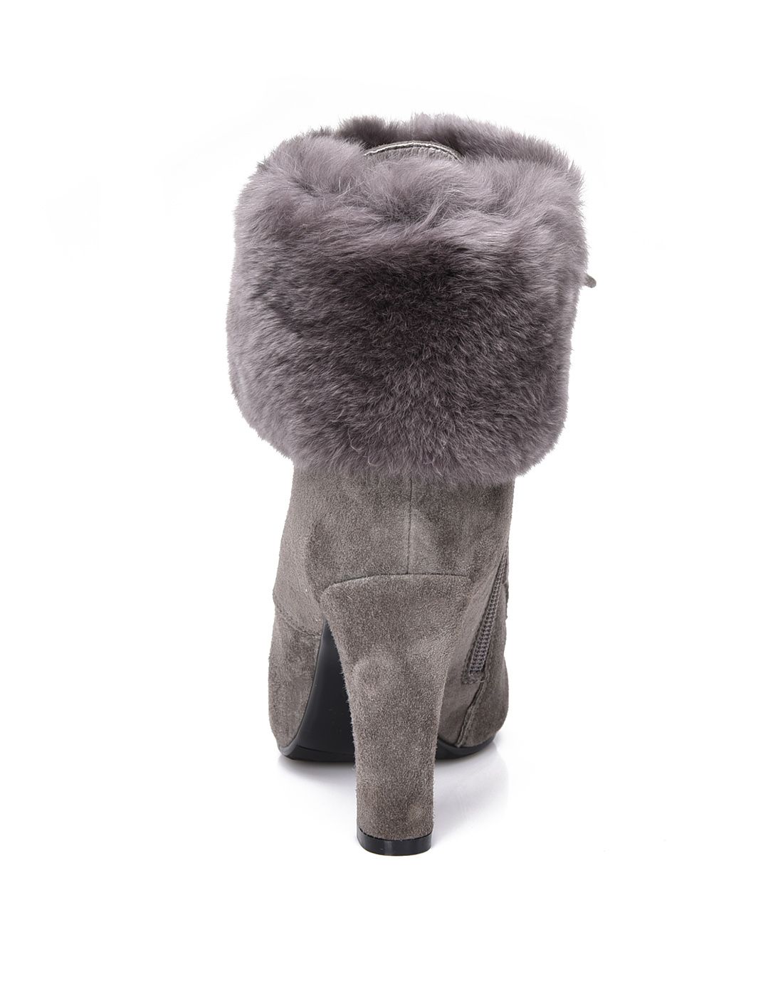 灰色羊猄系带粗跟短靴