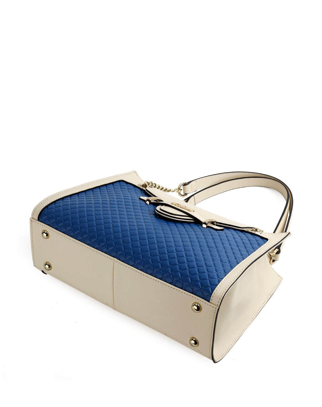 女士蓝配米白牛皮时尚手提包