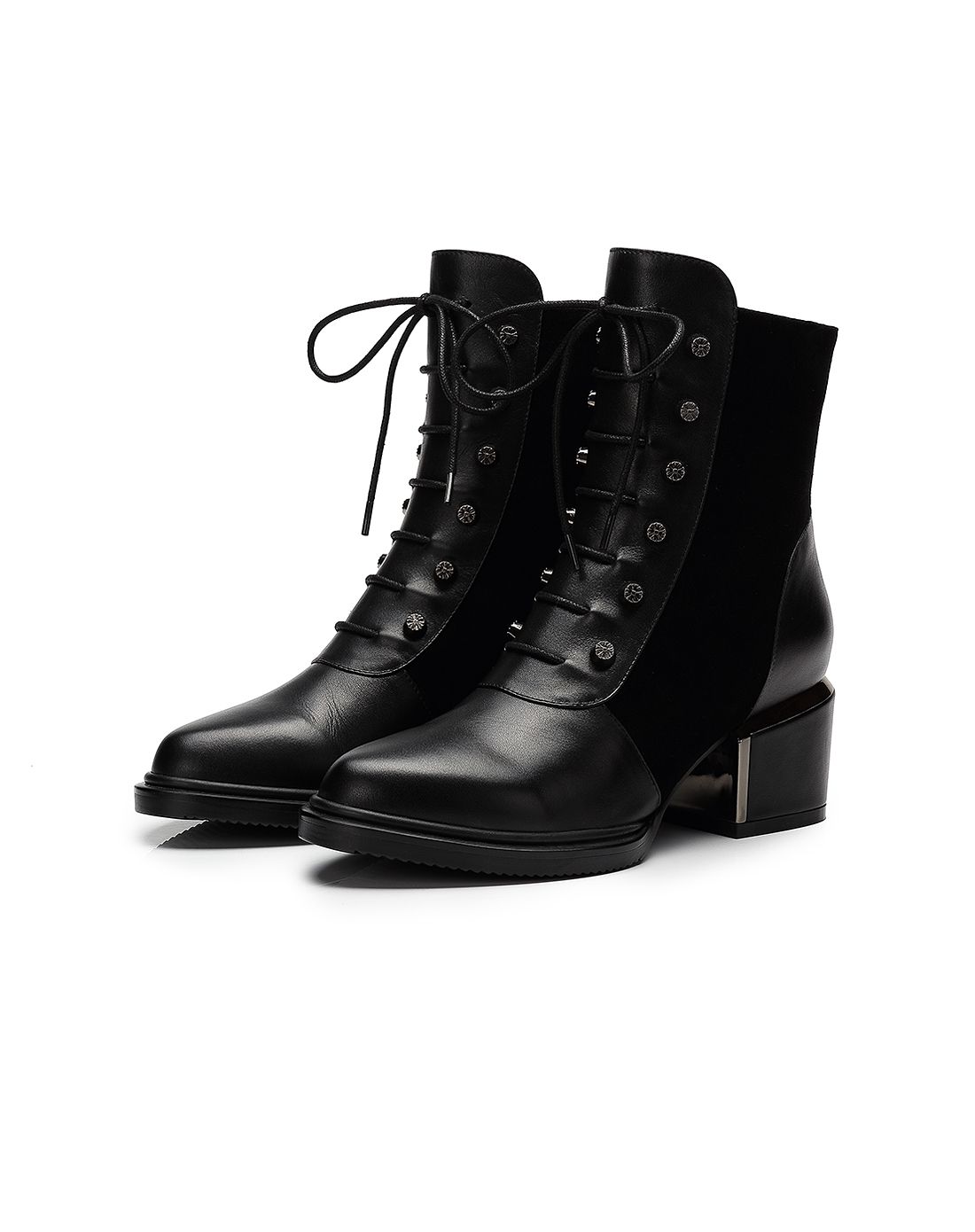 黑色圆头牛皮羊猄中筒靴