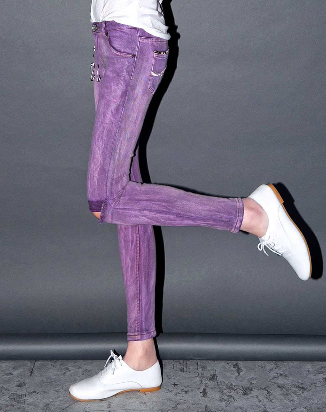 紫色 水洗做旧破洞九分小脚牛仔裤