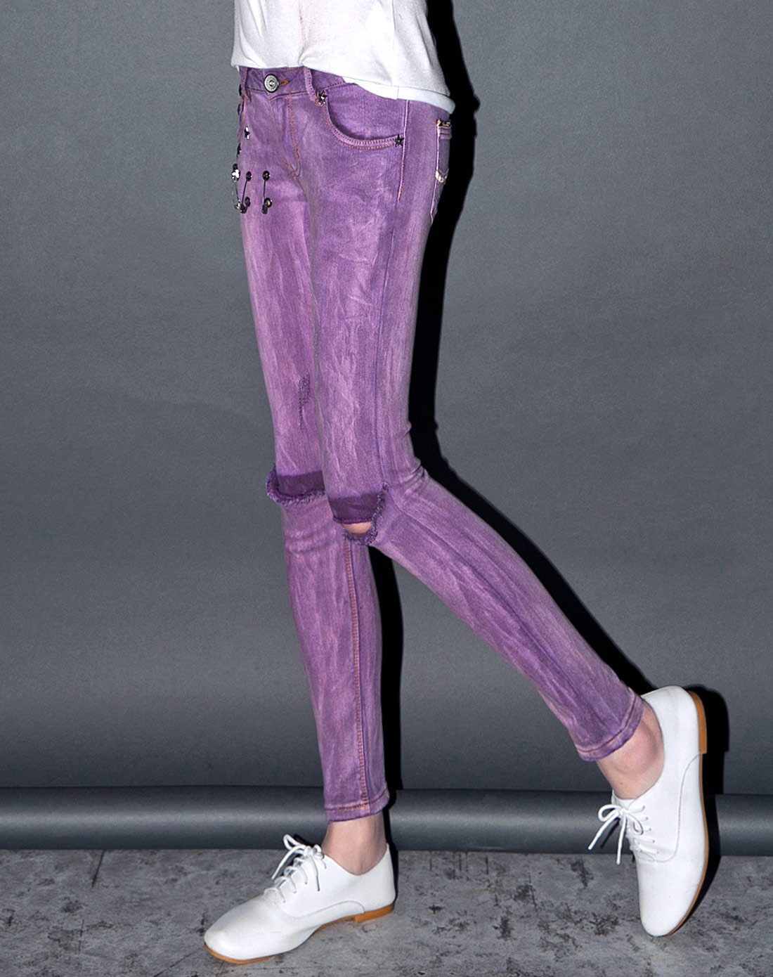 紫色 水洗做旧破洞九分小脚牛仔裤