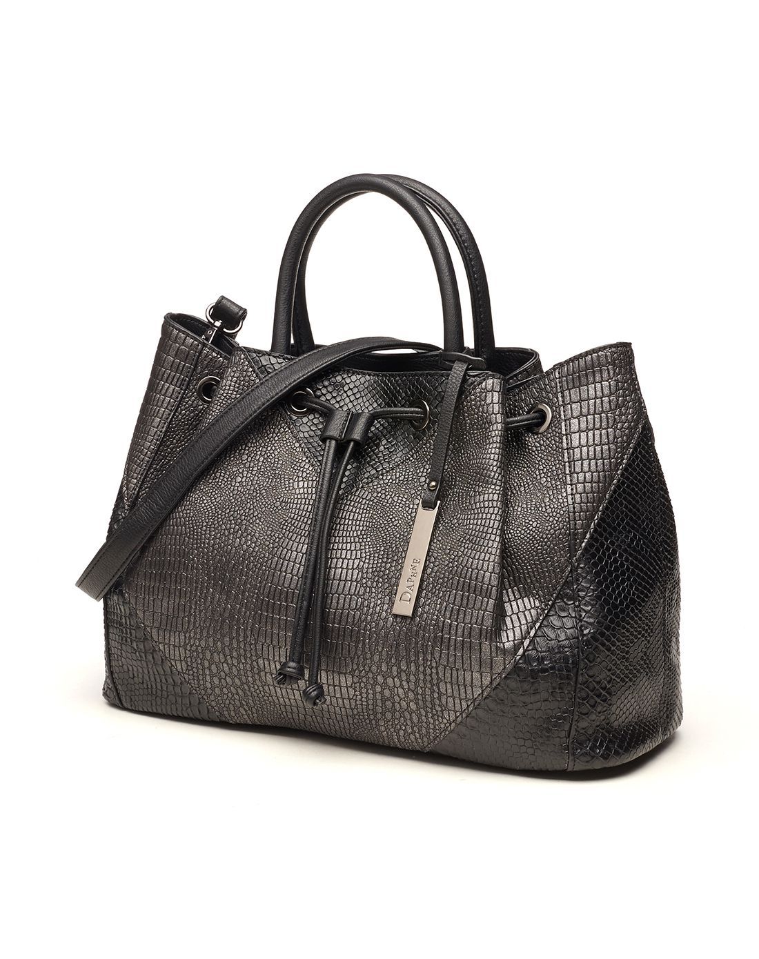 > 达芙妮时尚鳄鱼纹系带黑色手提包