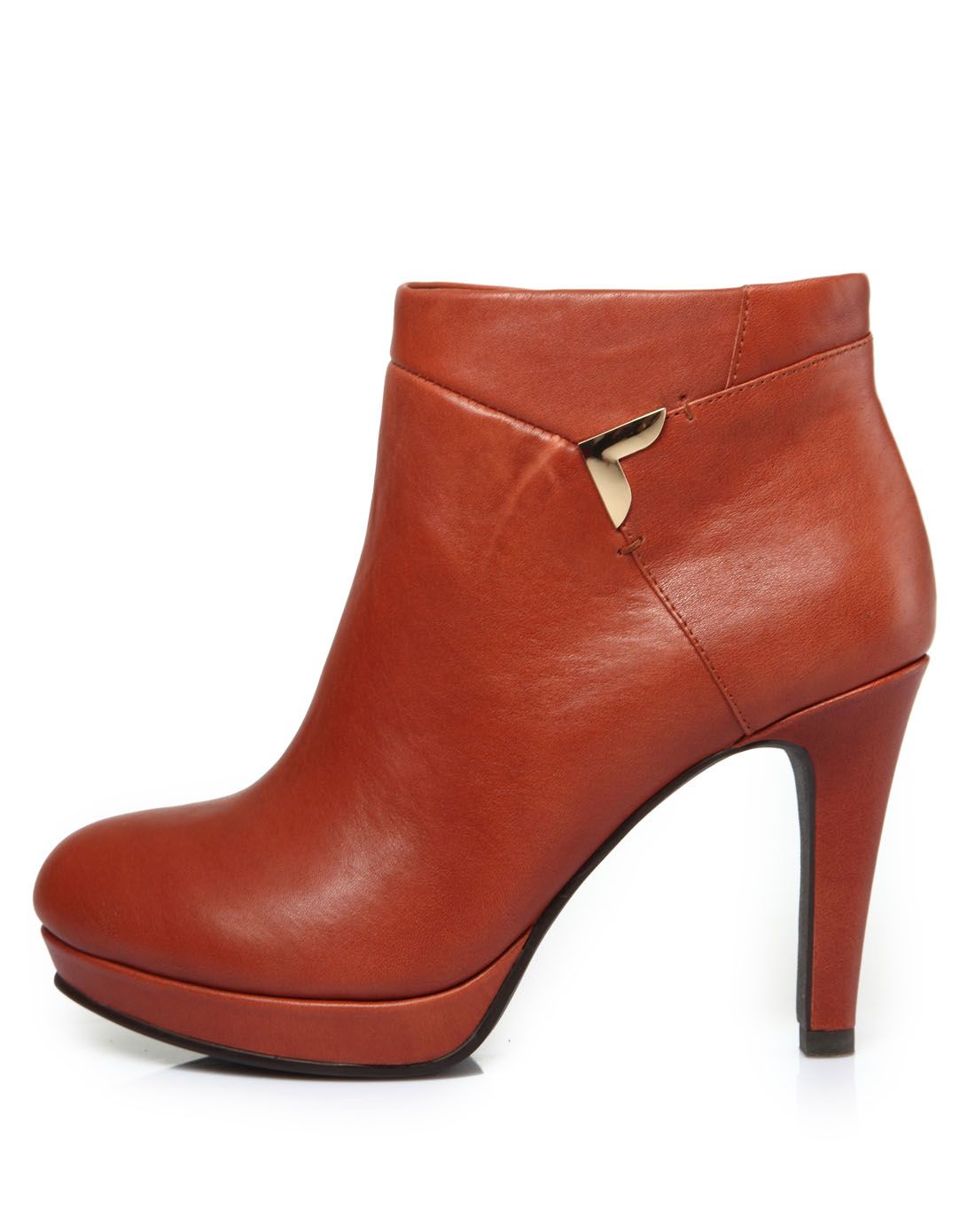 女款深红棕色牛皮超高跟矮靴