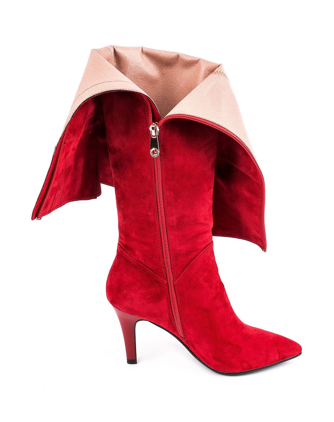 新品同步款-红色羊猄高跟超长靴