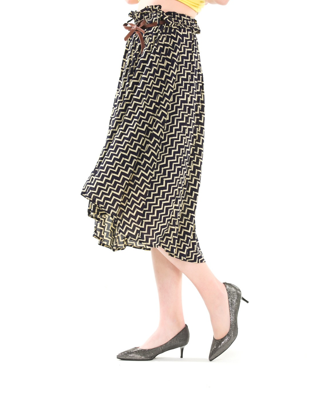 女士黑色几何皮带长裙