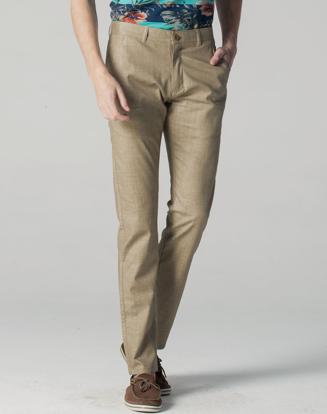 浅卡其色亚麻微弹休闲长裤